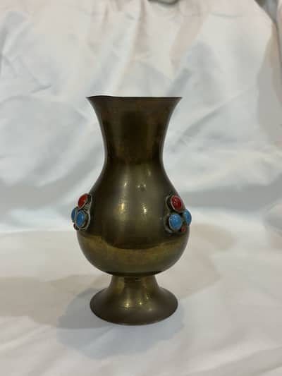 •Vintage Brass Vase With turquoise & Cabochon stones.