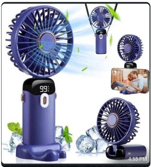 Foldable USB Neck Hanging Fan 5 Speed USB Fan Led Display Screen Rechargeable With Phone Stand