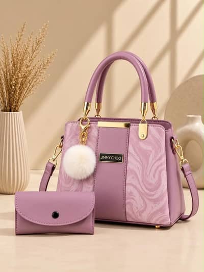 Women's Leather Plain Shoulder Bag - Lilac - 2 Pcs Set - 8x10 Inches