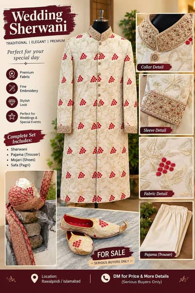 Beige Groom Wedding Sherwani for Sale – Size Medium (M)