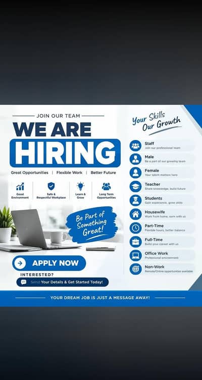 Hiring male and female staff for office and home base work