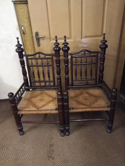 2 Antique Style Wooden Chairs with Handwoven Seats