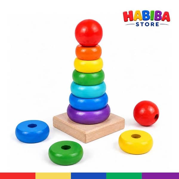Wooden Rainbow Tower Stacking Toy for Kids | Montessori Educational Rainbow Blocks | Colorful Wooden Stacking & Balancing Toy for Toddlers – Habiba Store