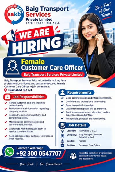 Female Customer Care Officer Islamabad