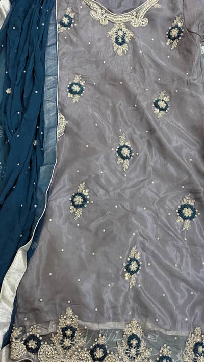 Elegant Grey & Teal Blue Silver Work 3-Piece Dress