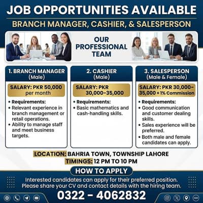Branch Manager , Cashier , Sales Staff (Male & Female) Jobs