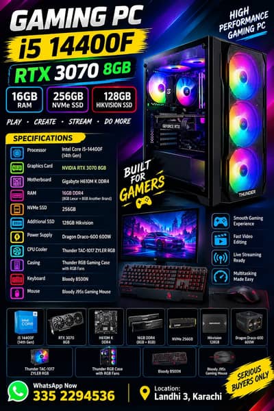 gaming pC i5 14400F/RTX 3070 8GB/16GB RAM/RGB/pc/Gaming