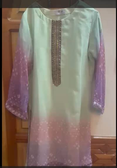 Mint Lilac Ombré Bandhani Shirt – Embroidered Neckline – Rs. 5500