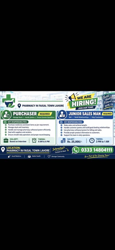 Purchaser and junior sales man required at pharamacy in lahore