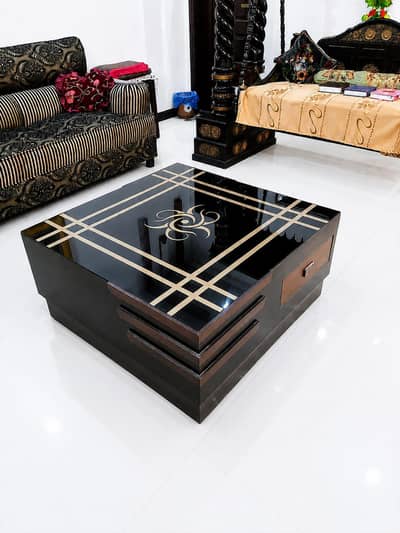 Modern Black & Golden Center Table | Glass Top | Wooden Drawer