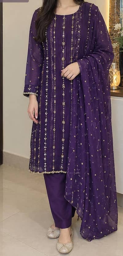 3-pcs pearl+ detailing work purple dress