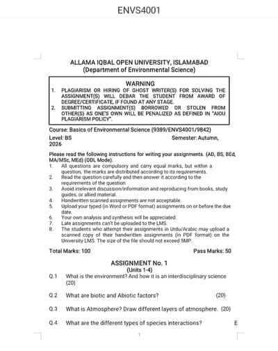 Bachelor Environmental Science Autumn 2026 Solved Assignment.