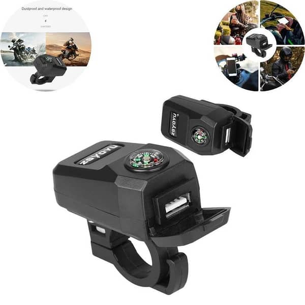 Universal Motorcycle Handlebar USB Charger | Waterproof 36–108V to 5V/3.1A Power Adapter with Compass | Mobile Phone Bike Charging Port