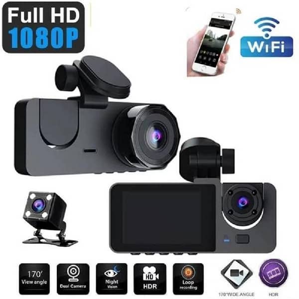 3-Channel Dash Cam 1080P Front, Rear & Interior with WiFi, App Control, Night Vision, Parking Monitor and G-Sensor
