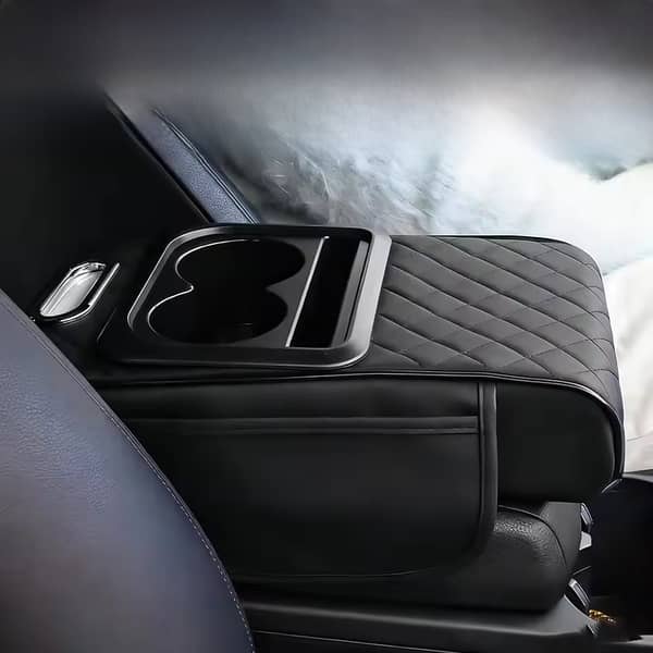Premium Leather Car Armrest Cushion with Cup Holder and Tissue Storage Organizer