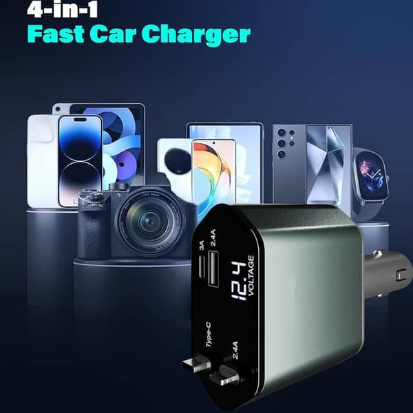 New 4-in-1 Mini Car Charger with Type-C Fast Charging and Retractable Cable