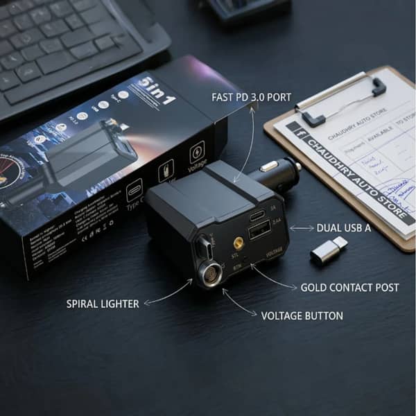 1 Pc 120W 6-in-1 Fast Car Charger with Type-C and iOS Ports, Starlight Roof Projection Light, and Cigarette Lighter Socket