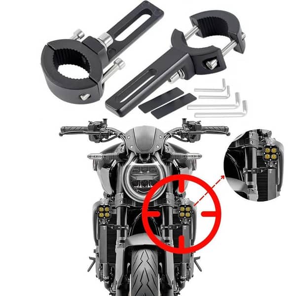 2 Pcs Universal Motorcycle LED Light Mounting Bracket Set – Adjustable Clamps & Extension Mounts for Fog Lights, Spotlights, and Driving Lamps