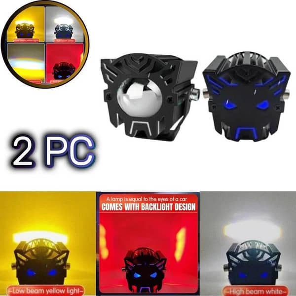 2 Piece HJG Transformer Style LED Fog Lights with Dual Color (White/Yellow) and Devil Eye Function for Universal Bikes and Cars
