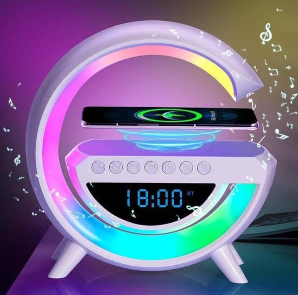 Multifunction Bluetooth Speaker with Wireless Charging | LED Night Lamp & Wake-Up Light | RGB Atmosphere Lighting | Bedside Music Speaker with Colorful Ambient Light for Bedroom, Desk, Home and Office