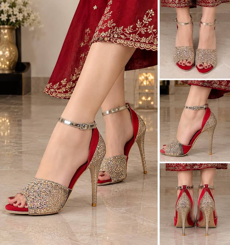 خوبصورت گولڈن سلور ورک پارٹی وئیر ہیلز 3
