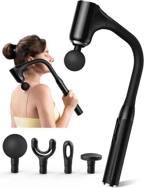Deep Tissue Massage Gun with Extended Handle | 12mm Percussion Muscle Massager with 4 Replaceable Massage Heads | Adjustable Speed Electric Body Massager for Back, Neck, Shoulders, Legs and Feet | Black