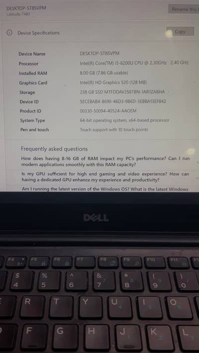Dell laptop internal ram 8gb graphic card 128Mb Core i5 Touch sport