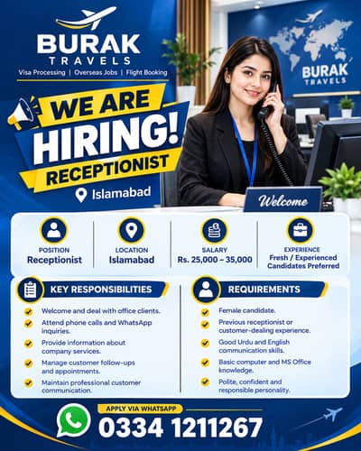 Hiring Expeirence Female Receptionist