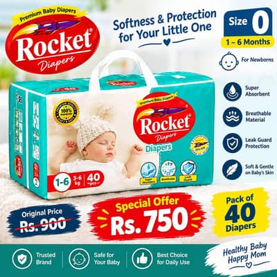 Rocket Baby Diapers Size 0 | 1–6 Months | Pack of 40