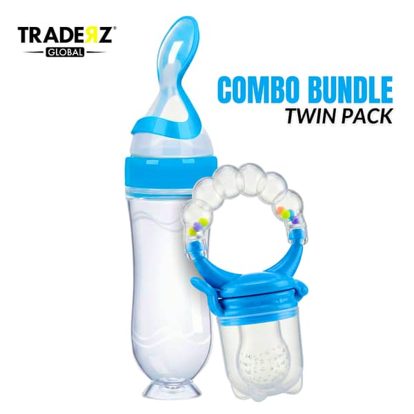 Traderz Global Baby Fruit Feeder Pacifier Set 2 in 1 — 90ml Silicone Feeding Bottle with Spoon and Fruit Pacifier Feeder