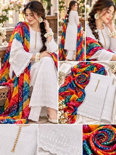 *EMBROIDERED CHICKEN KARI ALL OVER WITH CHUNDRI DUPPATA 3 PC SUIT*