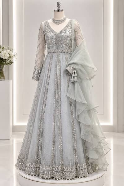 Grey silver lehnga with frock dress