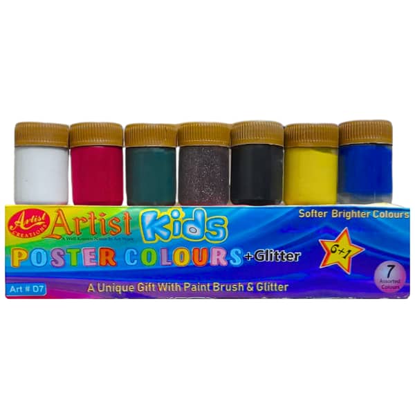 Artist Kids Vibrant Poster Paint Set with Glitter and Brush – 7 Assorted 20cc Tubes