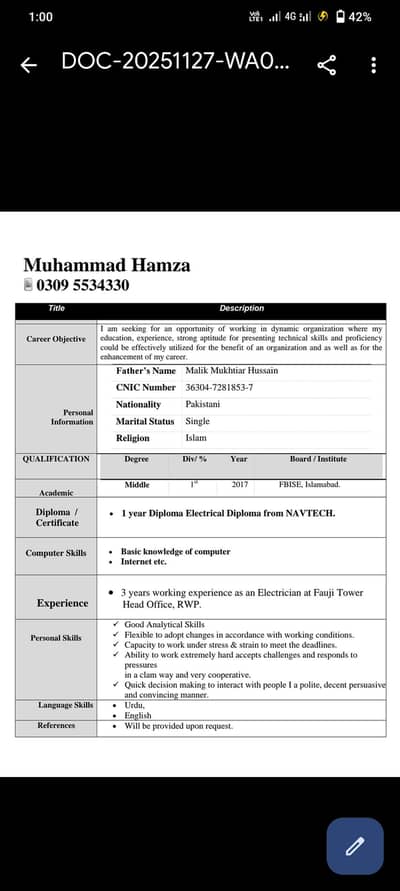 electrical job need in multan