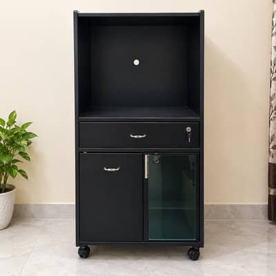 Black Computer Trolley with Storage Cabinet & Lock