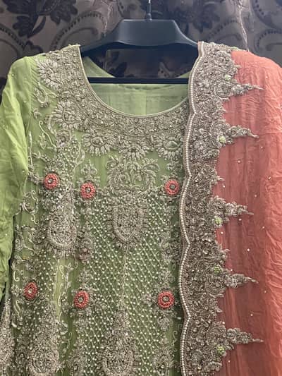 : Beautiful Green Walima Maxi with Heavy Embroidery & Peach Dupatta
