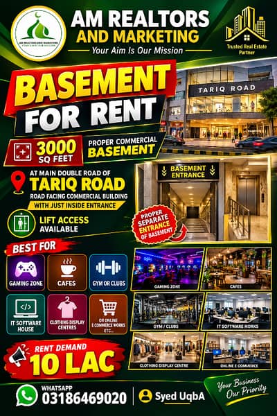 Basement for rent sq feet proper commercial basement at main double road of TARIQ ROAD road facing