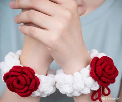 Handmade Crochet Rose Wrist Cuffs - White & Red - Pair - For Girls