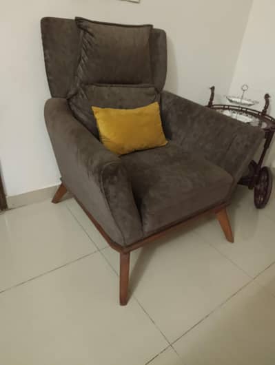 Bed Queen size, a centre table and 2 sofa chairs