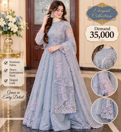 Elegant Ice Blue Embroidered Maxi Dress with Dupatta –