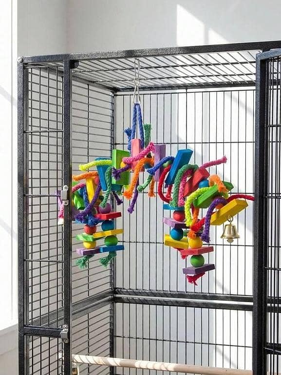 UK Bird Toys Colorful Wooden Block, Rope, Bell Climbing Interactive Toy, Suitable For Macaw, Durable Chew Puzzle Toy, Hanging Bird Cage Accessory, Parrot Toy Handmade Accessory Colors Randomly Assembled