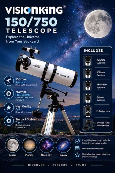 Visionking 150/750 Telescope with 4 Eyepieces, 2x Barlow Lens & Mobile