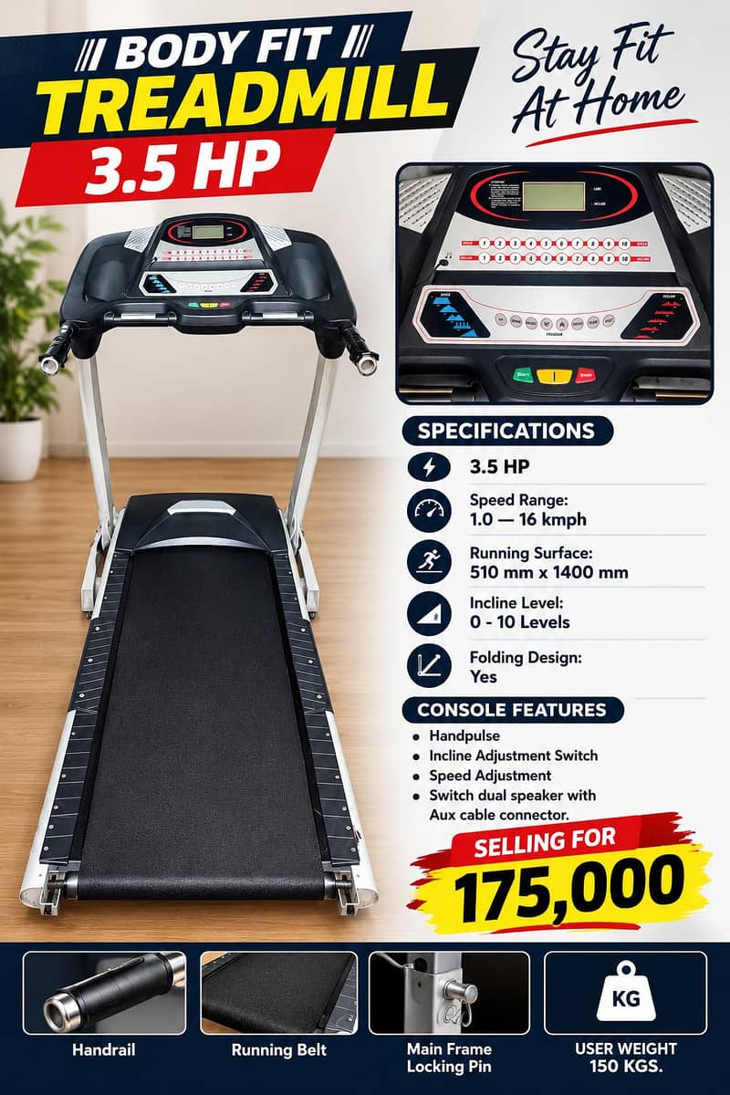 Body Fit Treadmill - Indoor Excercise - Cardio Machine - Gym & Fitness ...