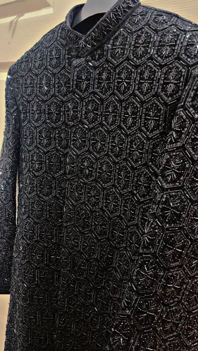 Black Premium Sherwani Cut Work Very expensive Dress with Full Set