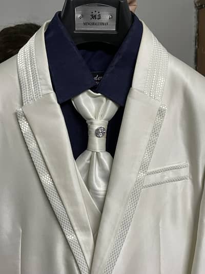Pure Pearl White 3 Piece Coat Pant With Same Tie & Self Print Shirt