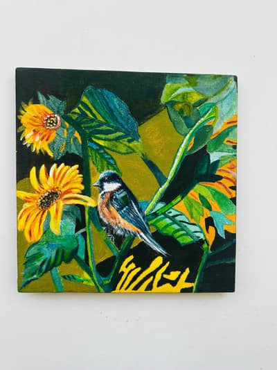 Original Handmade Bird & Flowers Acrylic Painting 12x12