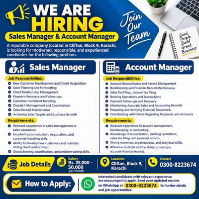 Sales Manager & Account Manager Required – Clifton Karachi |