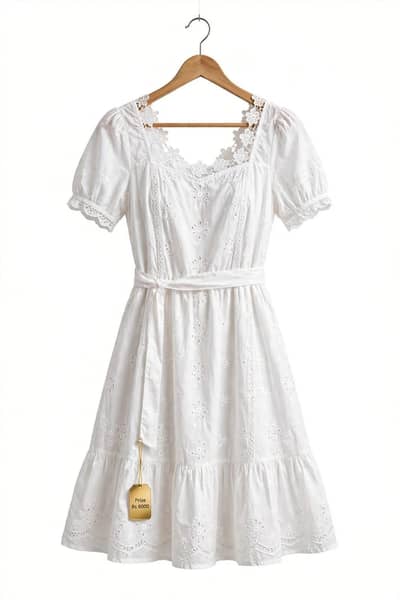 White Cotton ChikankariClassic /Black Vintage Puff-Sleeve Flare Dress