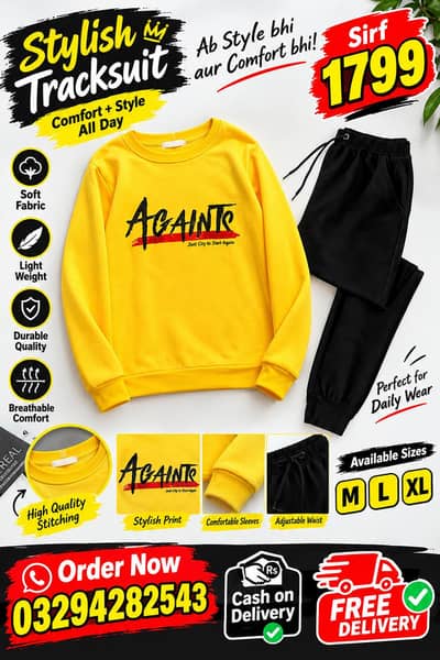 Men's Printed track suit Yellow Black Polyester 2 pcs