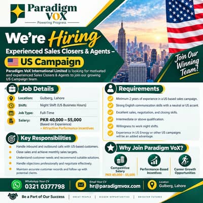 Sales Staff Required / Urgent Hiring for Sales Closer/ jobs in Lahore